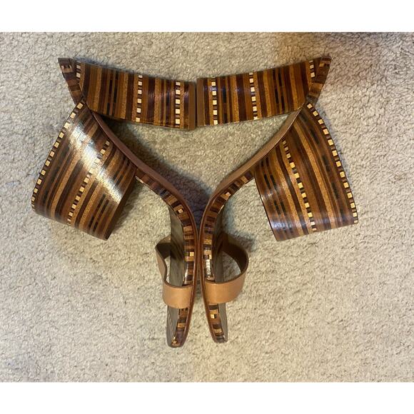 Vince Camuto Brown & Beige Becca Heel Slip On Leather Sandals Size 9 Wood tone - Picture 7 of 12